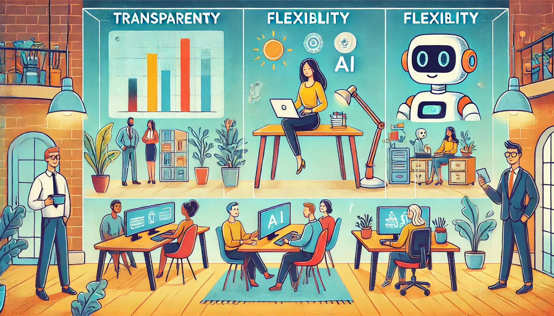 Dall e 2024 06 21 09 29 29 an illustration for an article on recruitment trends in 2024 featuring three main elements transparency flexibility and ai the image should have 