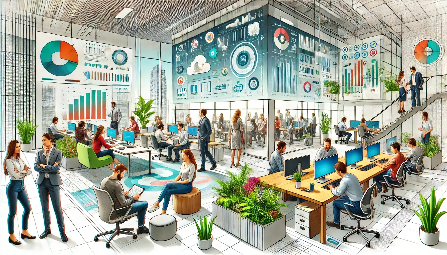 Dall e 2024 06 21 09 36 08 an engaging and dynamic illustration of a modern office environment showcasing diverse employees working together the office is vibrant with collabor