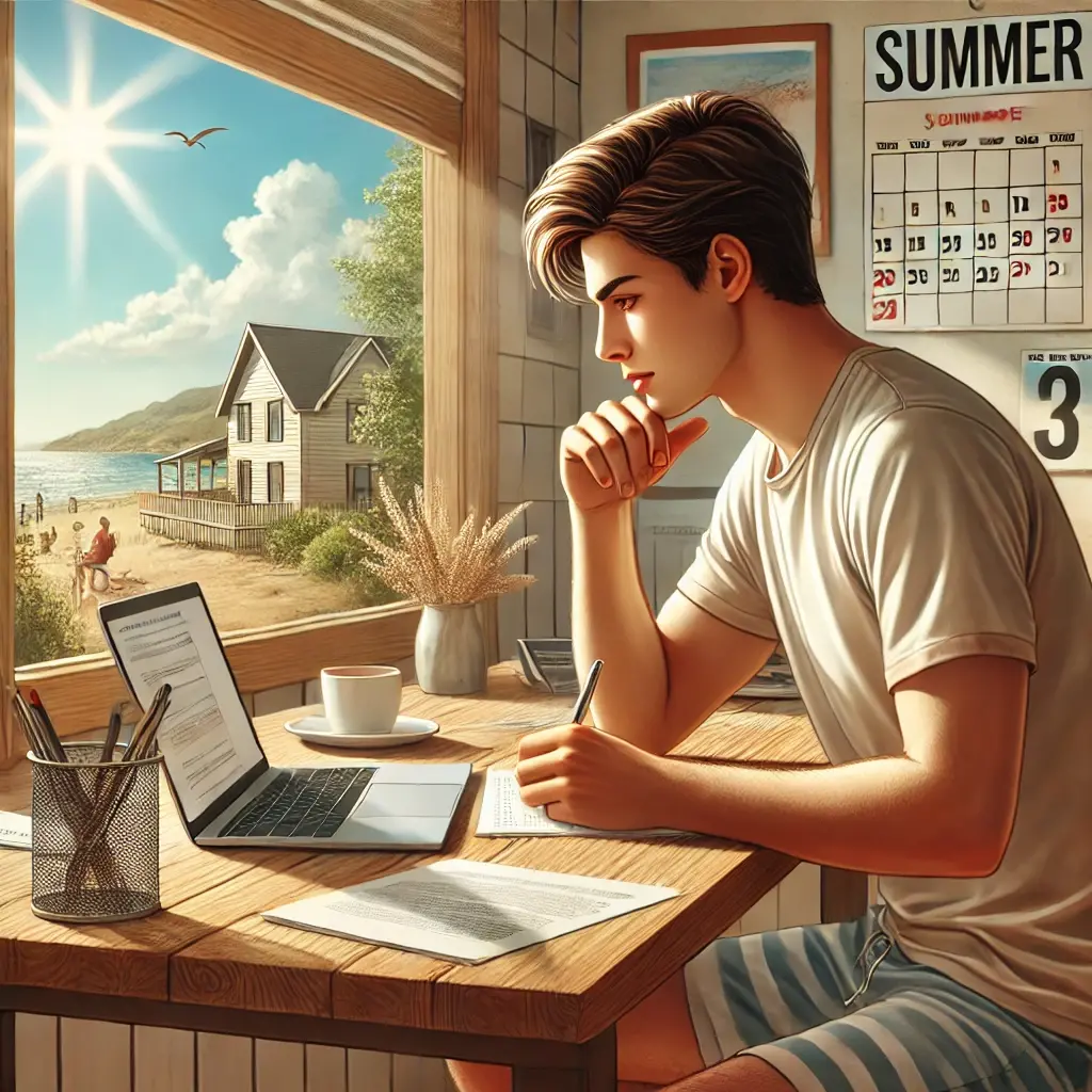 Dall e 2024 06 24 08 36 14 a young adult sitting at a desk focused and writing a letter the desk has a laptop some papers and a coffee cup behind them is a calendar on the 