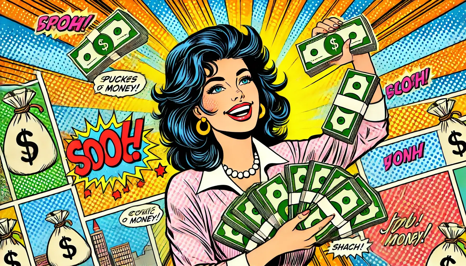 Dall e 2024 06 27 13 14 16 a comic book style illustration from the 1980s showing a happy woman holding bundles of money reminiscent of the uploaded image the setting has a vi