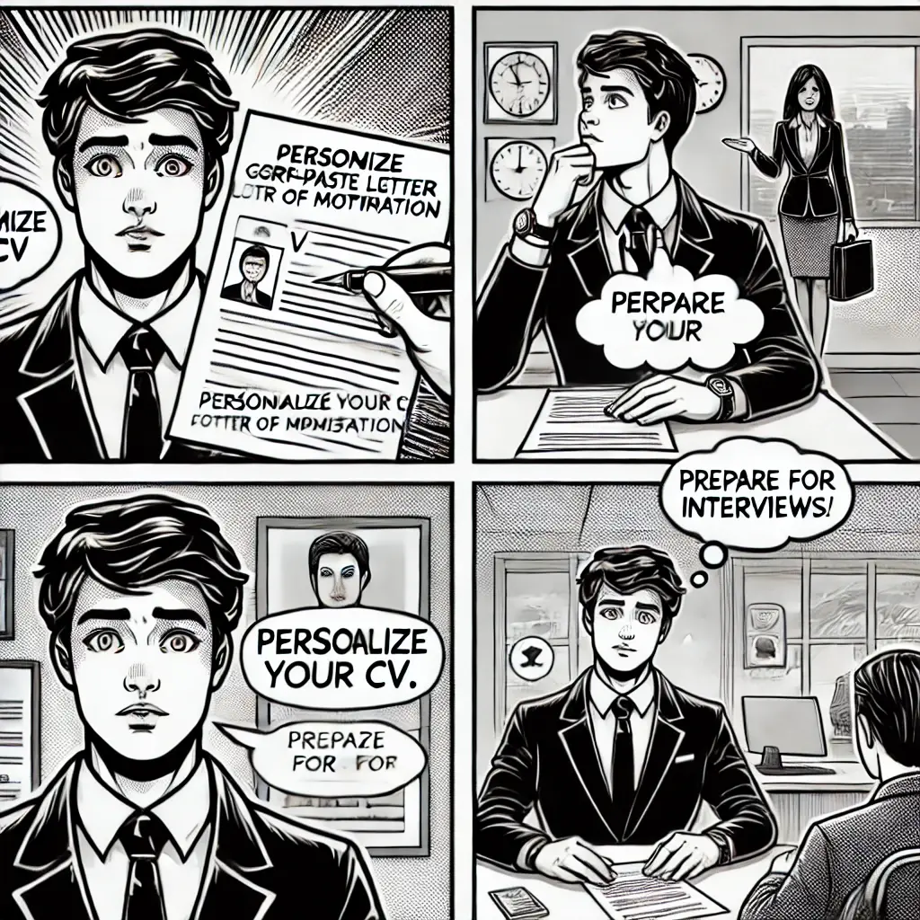 Dall e 2024 07 01 09 10 51 a black and white comic style illustration showing a young professional making common job application mistakes the character is depicted with a worri