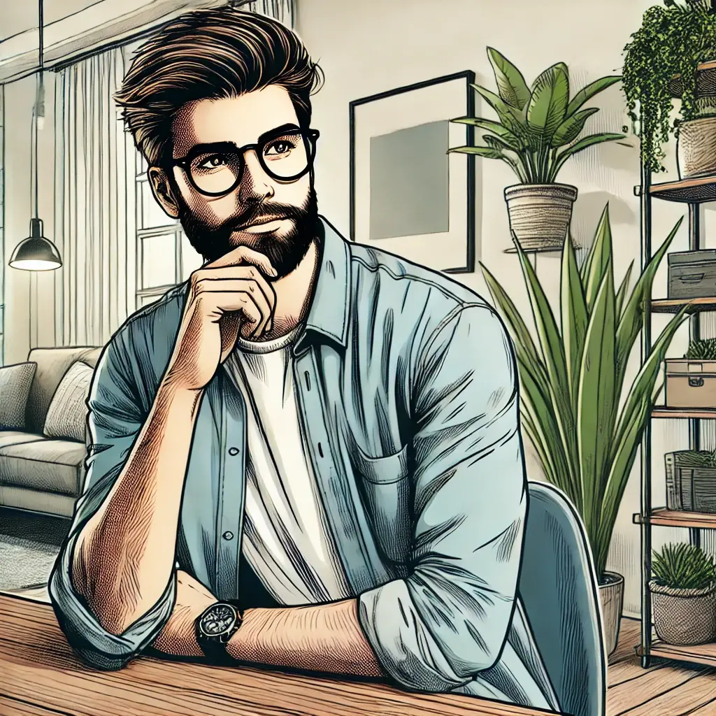 Dall e 2024 07 30 08 17 30 a man with a beard and glasses wearing a light denim shirt sitting at a desk with a thoughtful expression in a modern home office setting with plan