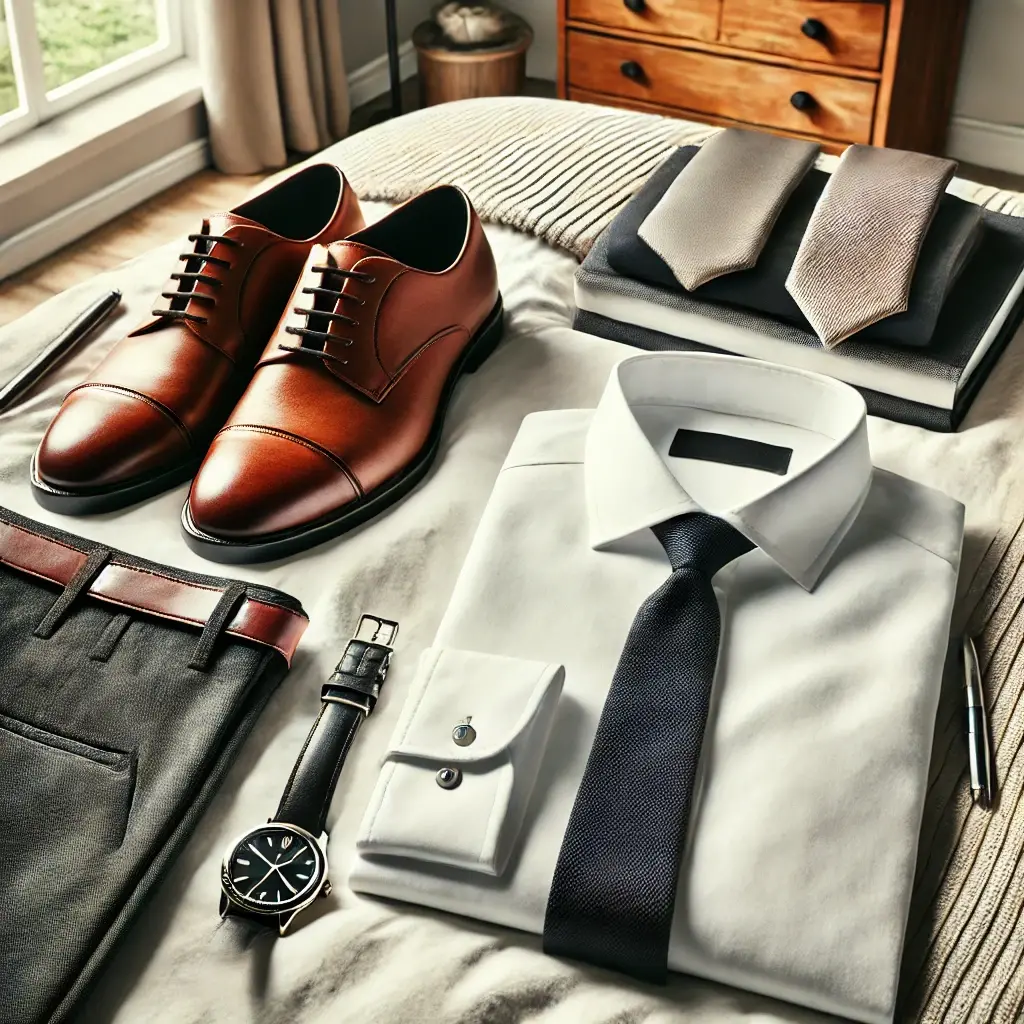 Dall e 2024 08 19 11 01 01 a professional interview outfit layout on a bed the outfit includes a neatly folded white shirt a pair of well ironed pants and polished dress shoe