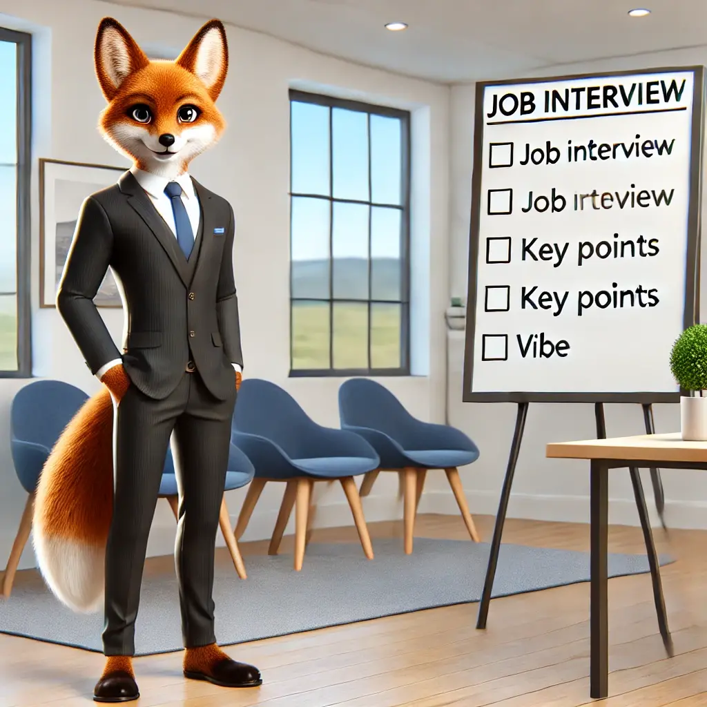 Dall e 2024 11 23 10 52 29 a modern 3d anthropomorphic fox dressed in business attire confidently leading a job interview coaching session in a bright professional office sett