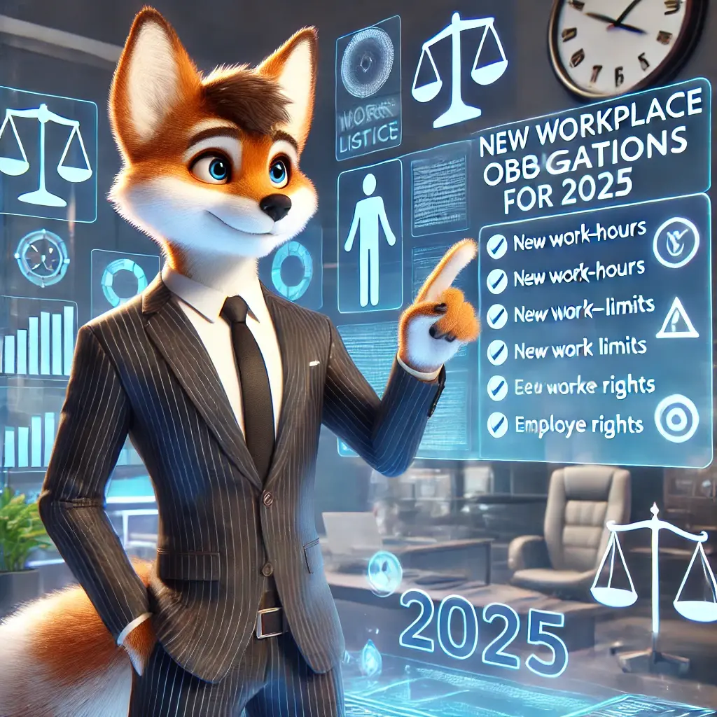 Dall e 2025 01 26 17 07 36 a 3d animated anthropomorphic fox in a sleek business outfit standing in a futuristic office surrounded by floating legal documents and charts the f