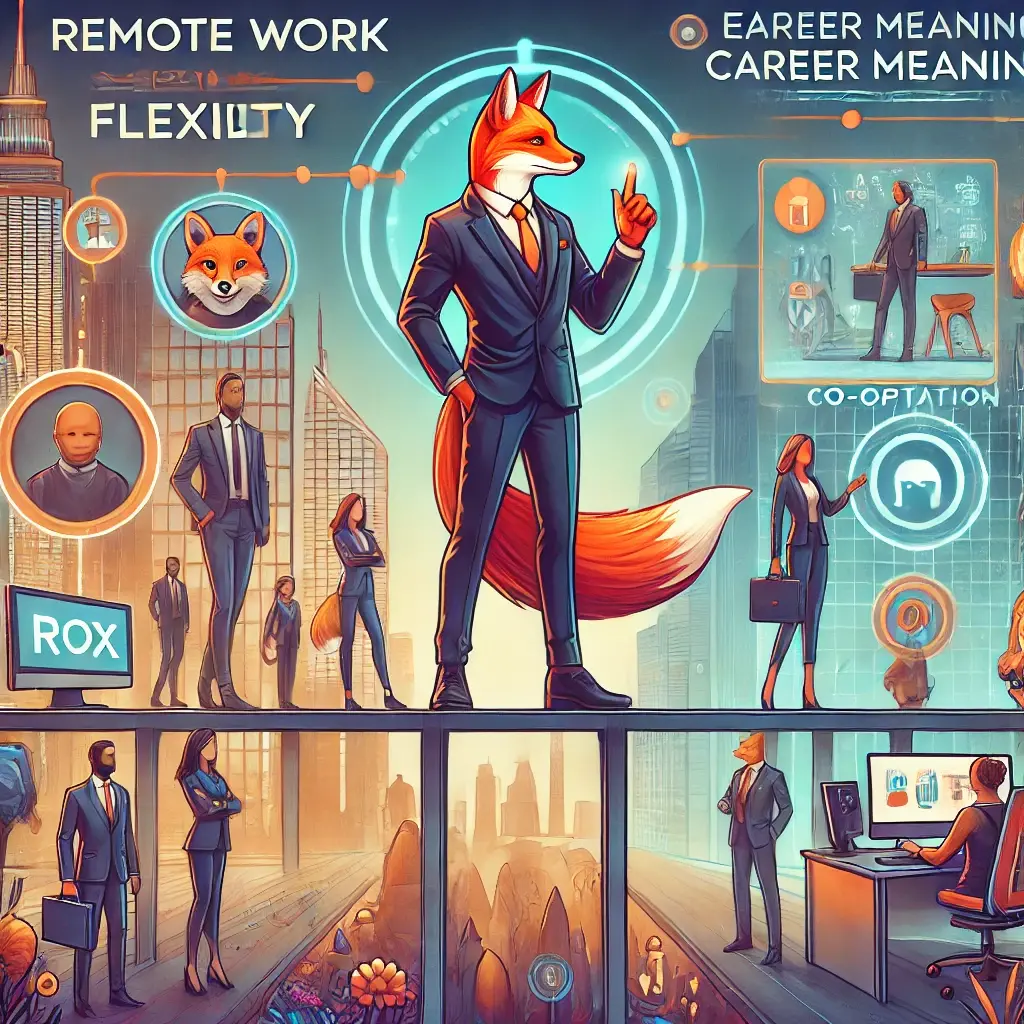 Dall e 2025 02 02 15 25 53 a vibrant illustration showing modern recruitment challenges and solutions with a fox anthropomorphic character at the center on the left a group o